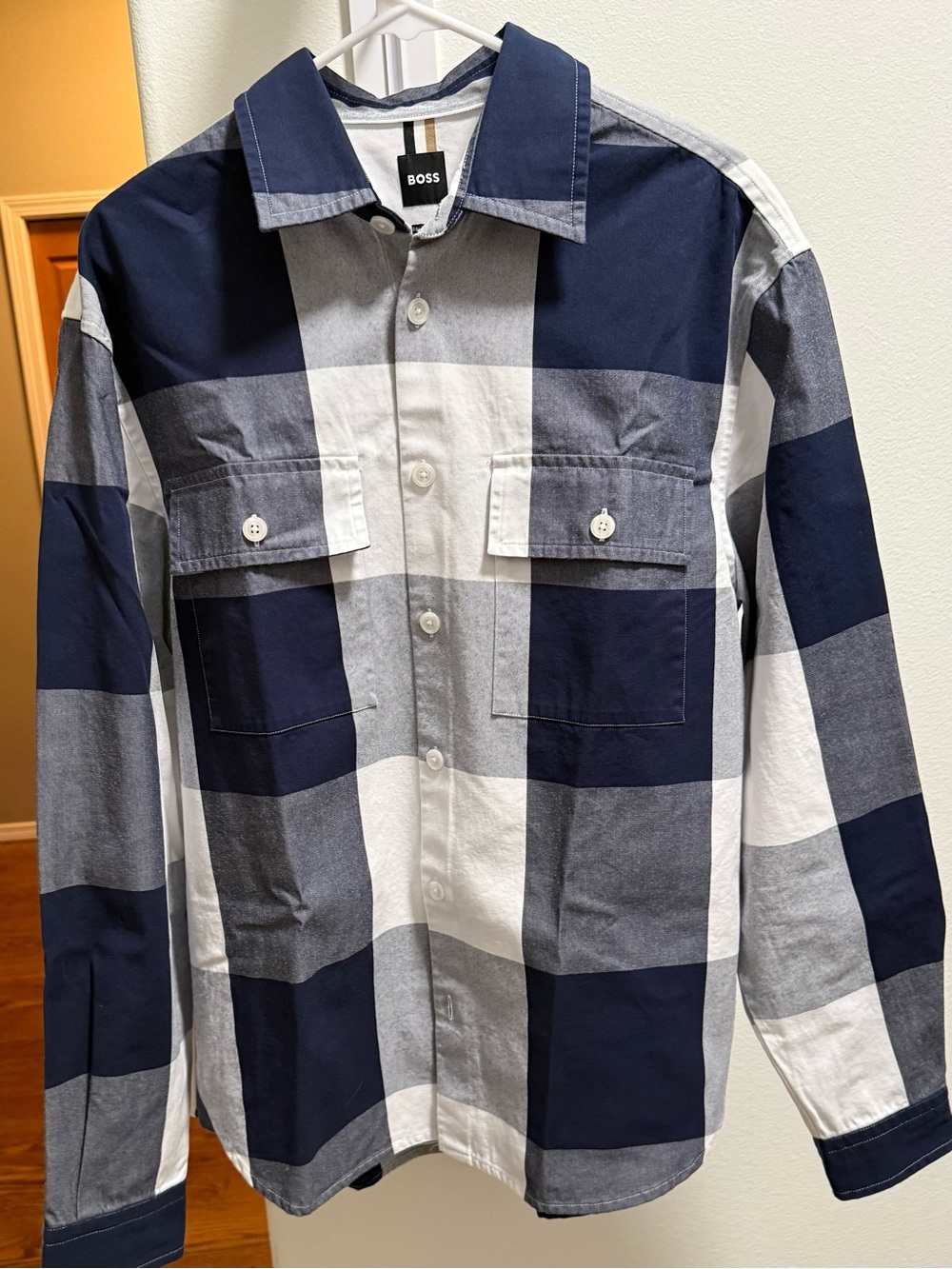 BOSS Owen Plaid Shirt Jacket Navy Gray Relaxed Fit Men’s Large